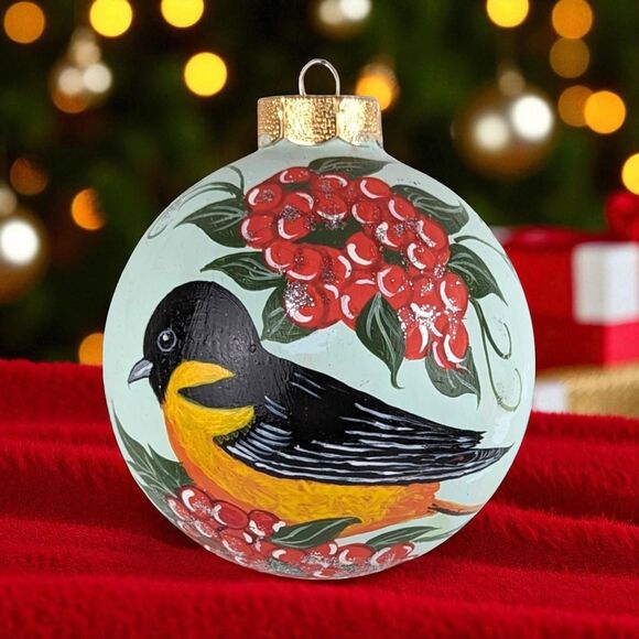 Vintage Hand Painted Glass Bird Ornament: Baltimore Oriole & Red Berries - Picture 1 of 5